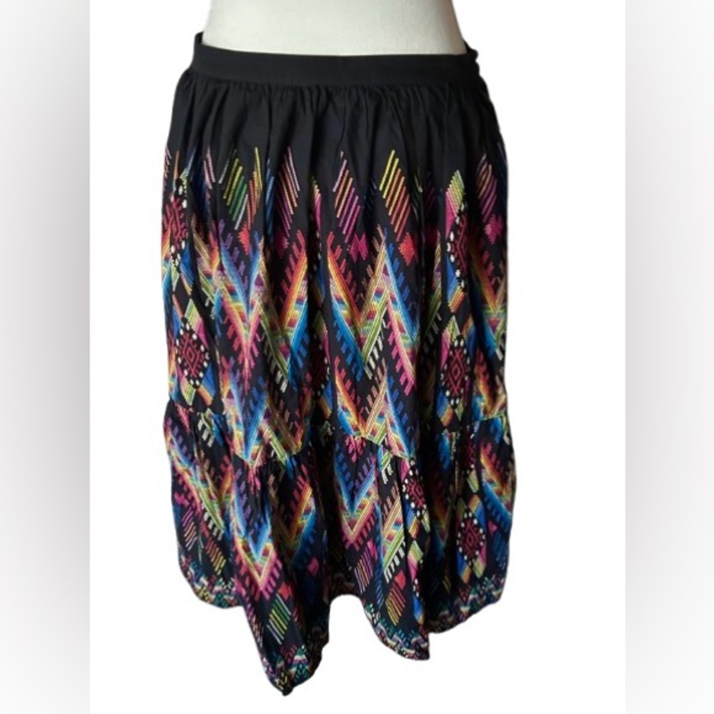 TANVI KEDIA 100% Cotton Skirt Anthropologie Multi Black Boho Cottage Midi Aline